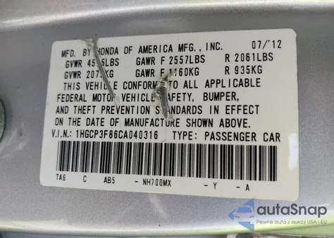 2012 Honda Accord 3.5 Ex-L from USA, damaged, VIN 1HGCP3F86CA040316